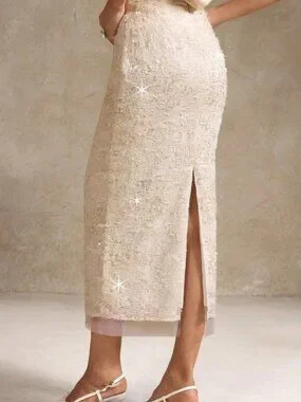 Apricot Casual Elegant Women's Jacquard Sequin 3D Rose Slit Pencil Skirt